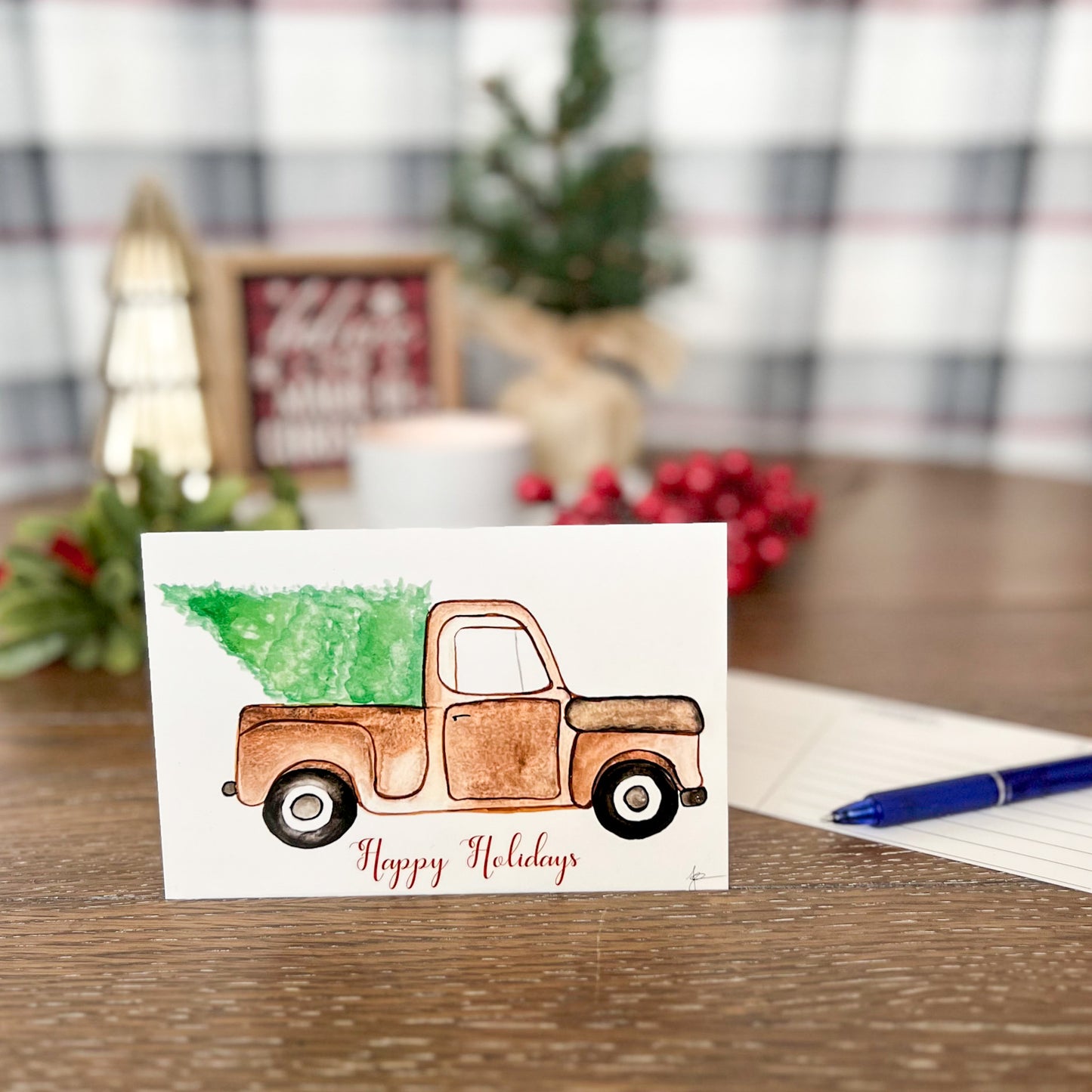 Happy Holidays Christmas Truck Watercolor Postcard