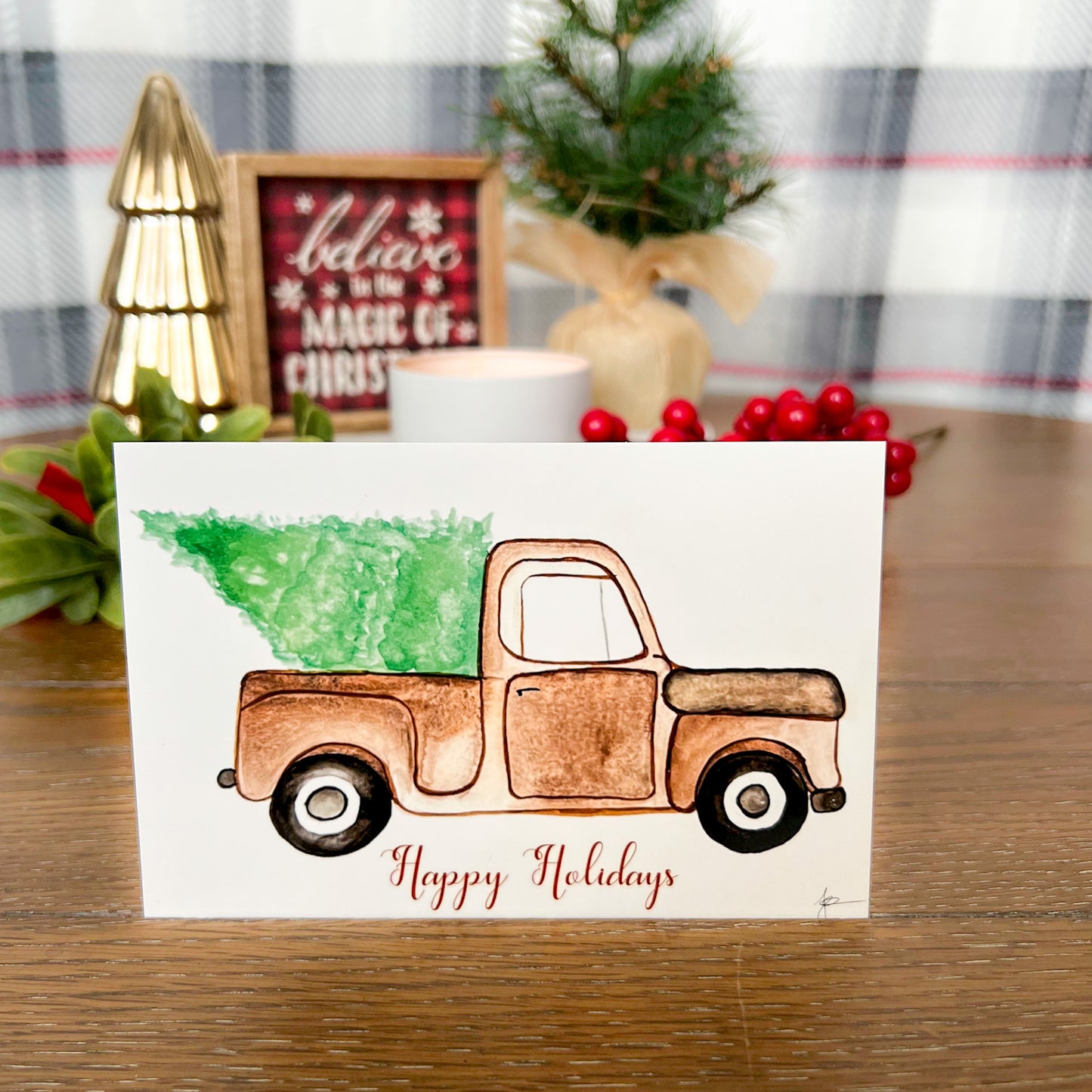 Happy Holidays Christmas Truck Watercolor Postcard