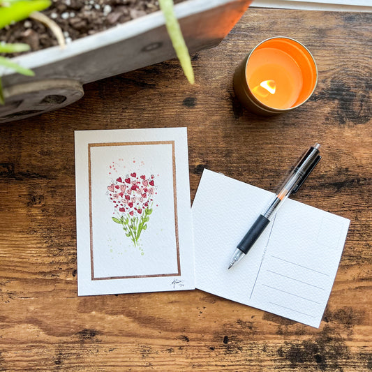 Heart Bouquet Hand-Painted, Original Watercolor Postcard