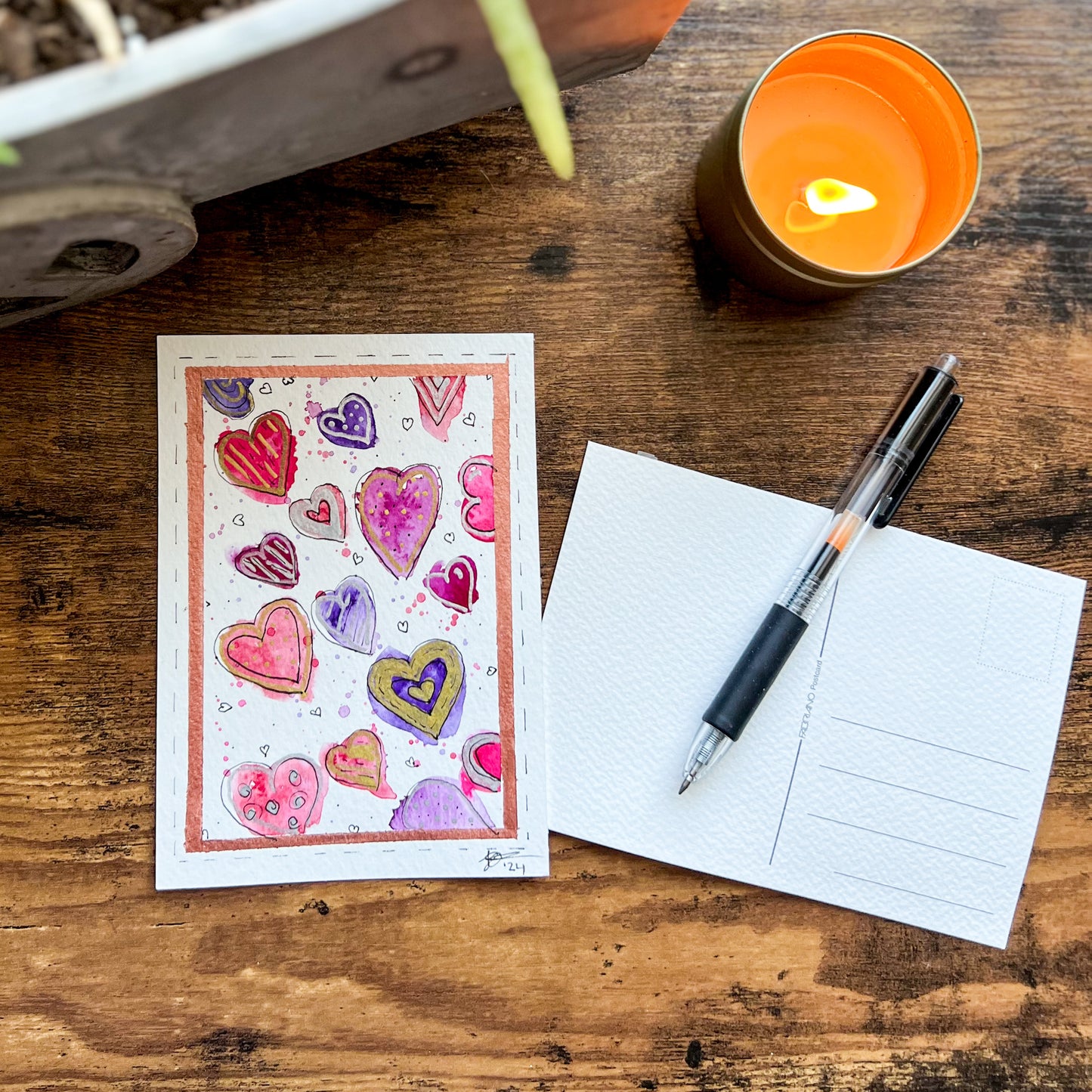 Hearts on Hearts Hand-Painted, Original Watercolor Postcard