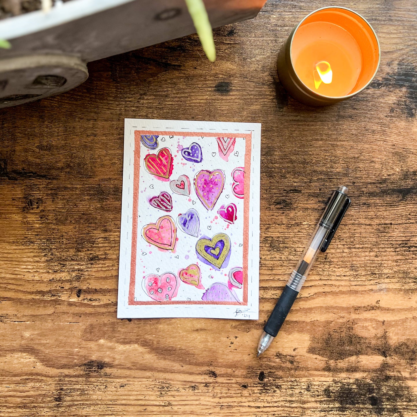 Hearts on Hearts Hand-Painted, Original Watercolor Postcard