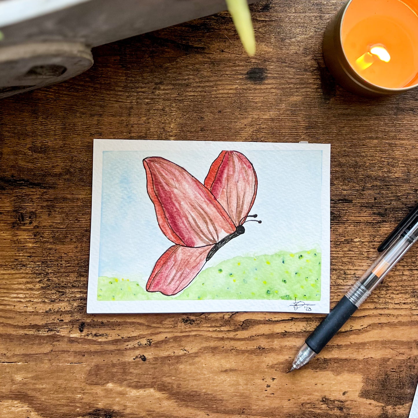 Butterfly Wishes Hand-Painted, Watercolor Original Postcard